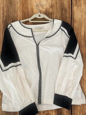 LOFT White Shirt with Black Zigzag Trim